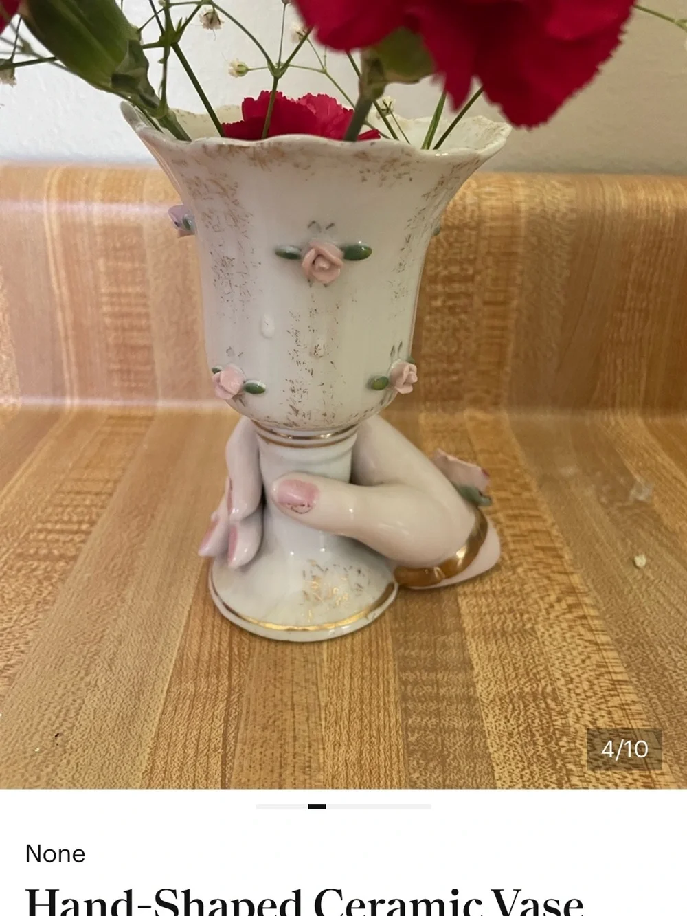 Vintage White Ceramic Hand-Shaped Vase with Pink Rose Accents - Picture 5 of 8